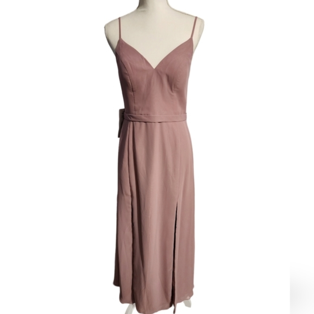 Azazie vintage mauve double split long length vneck bridesmaid dress